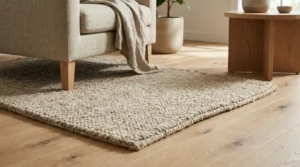 Natural wool mat with a soft textured surface on a wooden floor