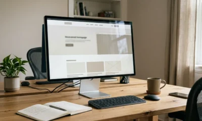Laptop and notebook arranged on a desk for online research