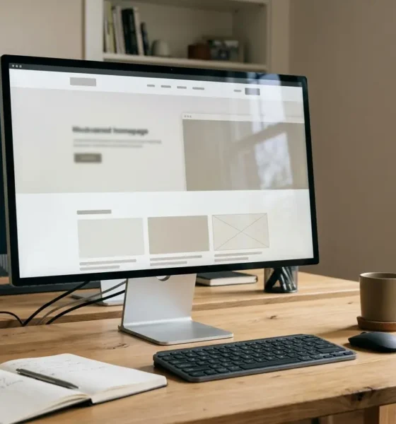 Laptop and notebook arranged on a desk for online research