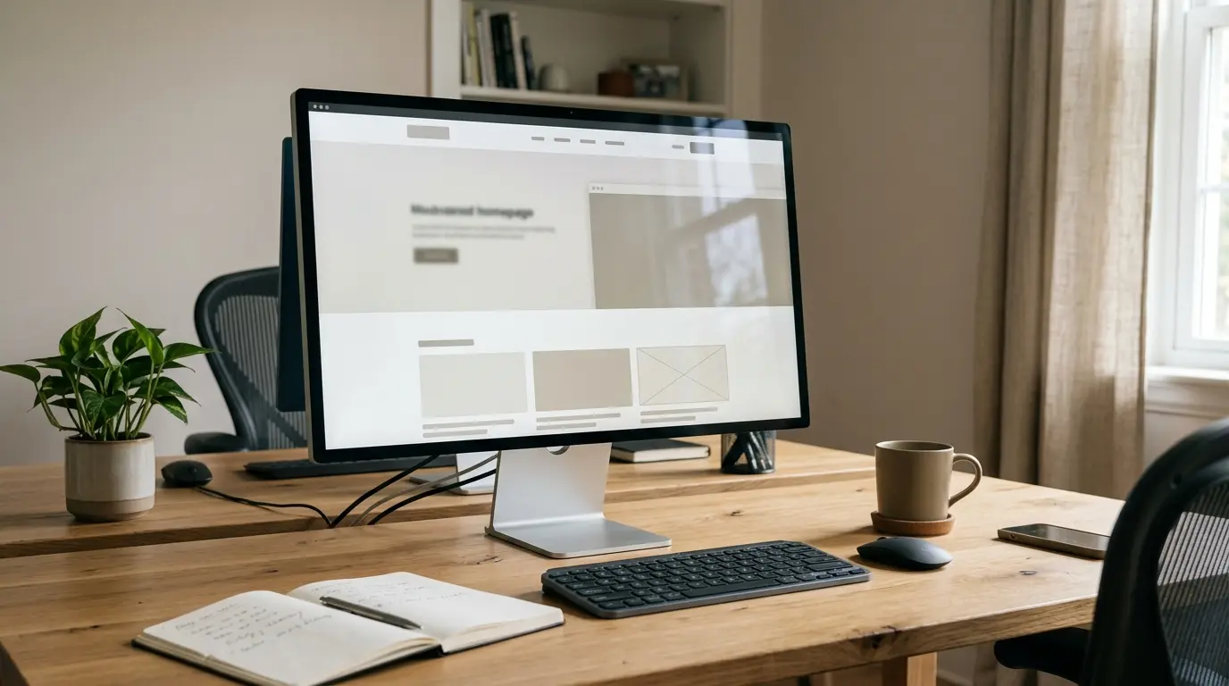 Laptop and notebook arranged on a desk for online research